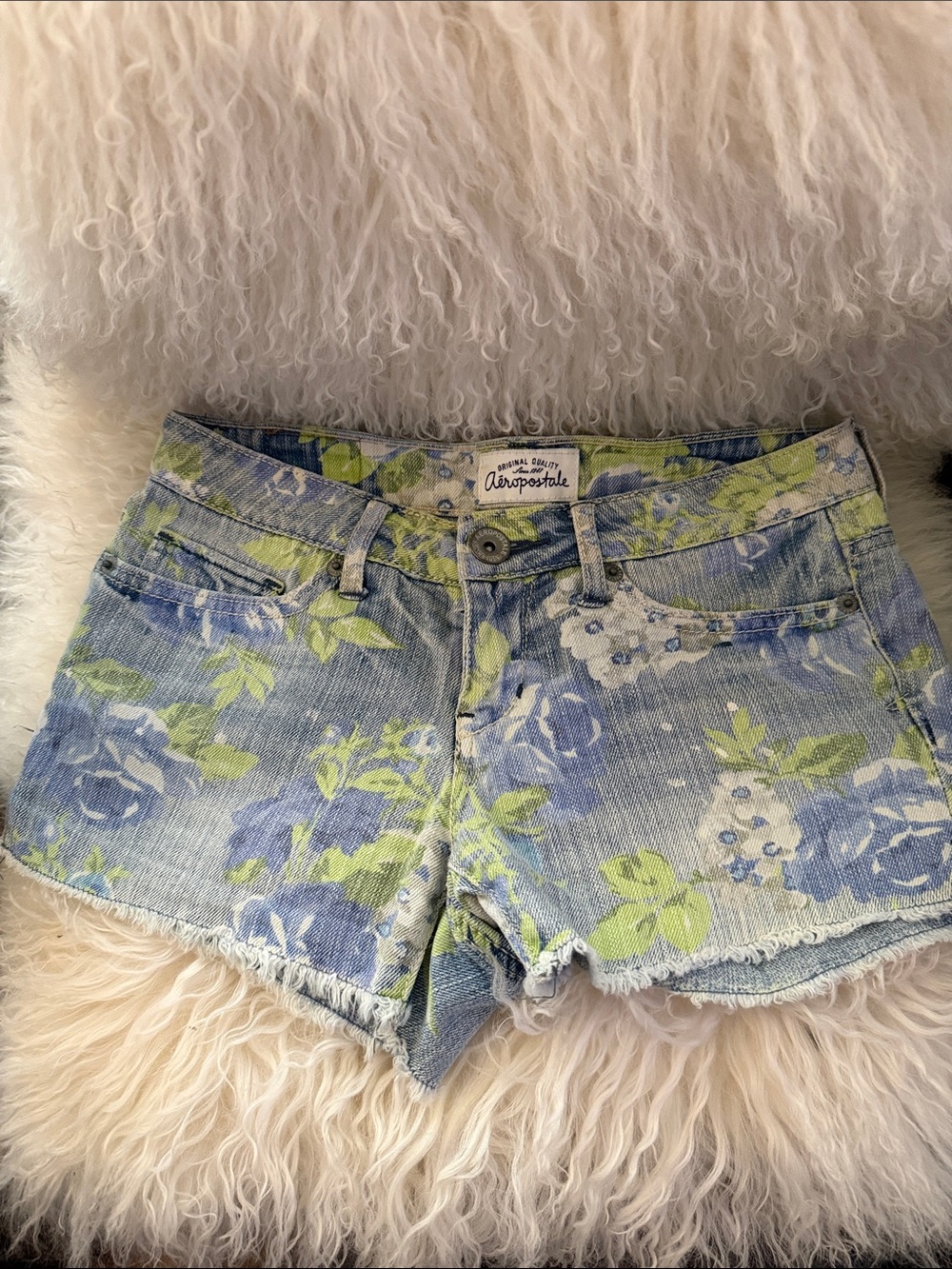 Aeropostale Floral Denim Cutoff Shorts - Blue & Lime